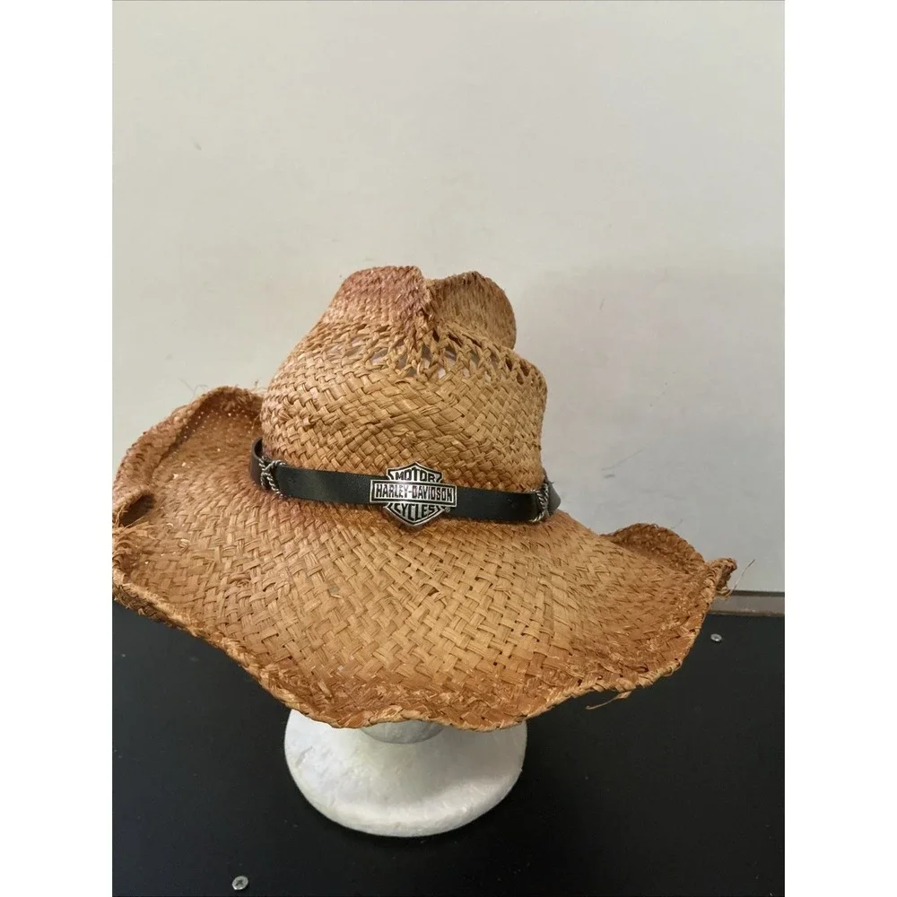 Harley Davidson Bend-Brim Straw Cowboy Hat F&M Hat Co Leather Band SZ S/M WORN